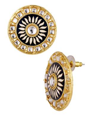 Traditional Fire Large Black Round Kundan Meenakari Stud Earring Girls Women 2