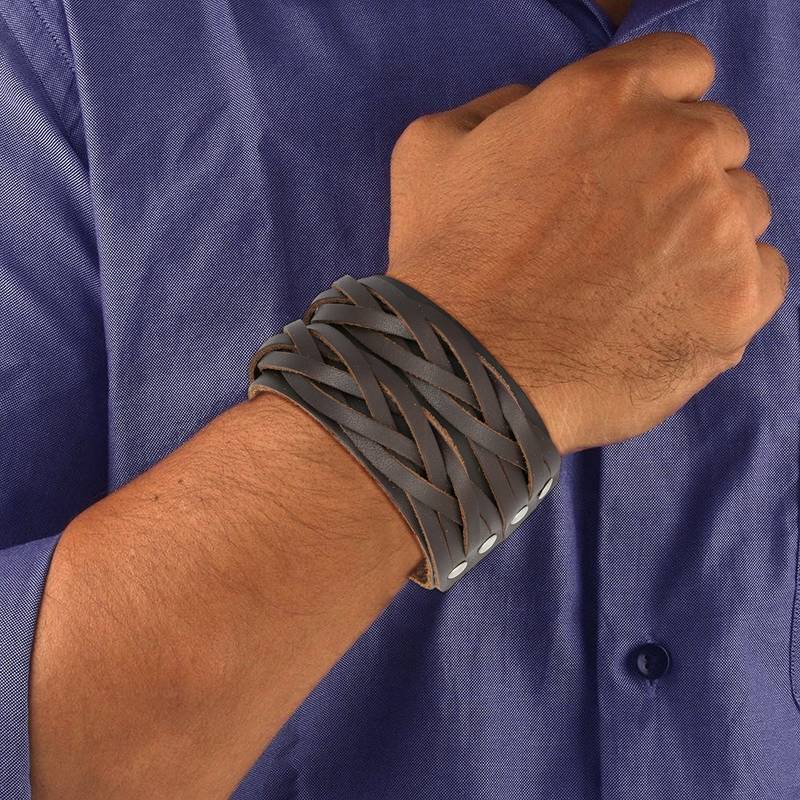 Braided Dark Brown Handcrafted & Funky Checks Mat Leather Wrist Band Combo Pack Of 2 Bracelet Boys Men