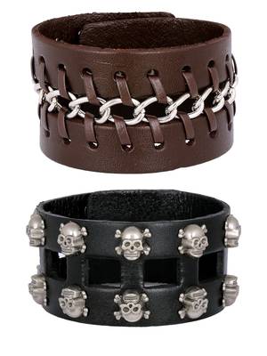 Punk Funky Skull Black Handcrafted & Black Leather Wrist Band Strap Biker Combo Pack Of 2 Bracelet Boys Men 1