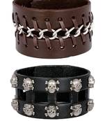 Punk Funky Skull Black Handcrafted & Black Leather Wrist Band Strap Biker Combo Pack Of 2 Bracelet Boys Men