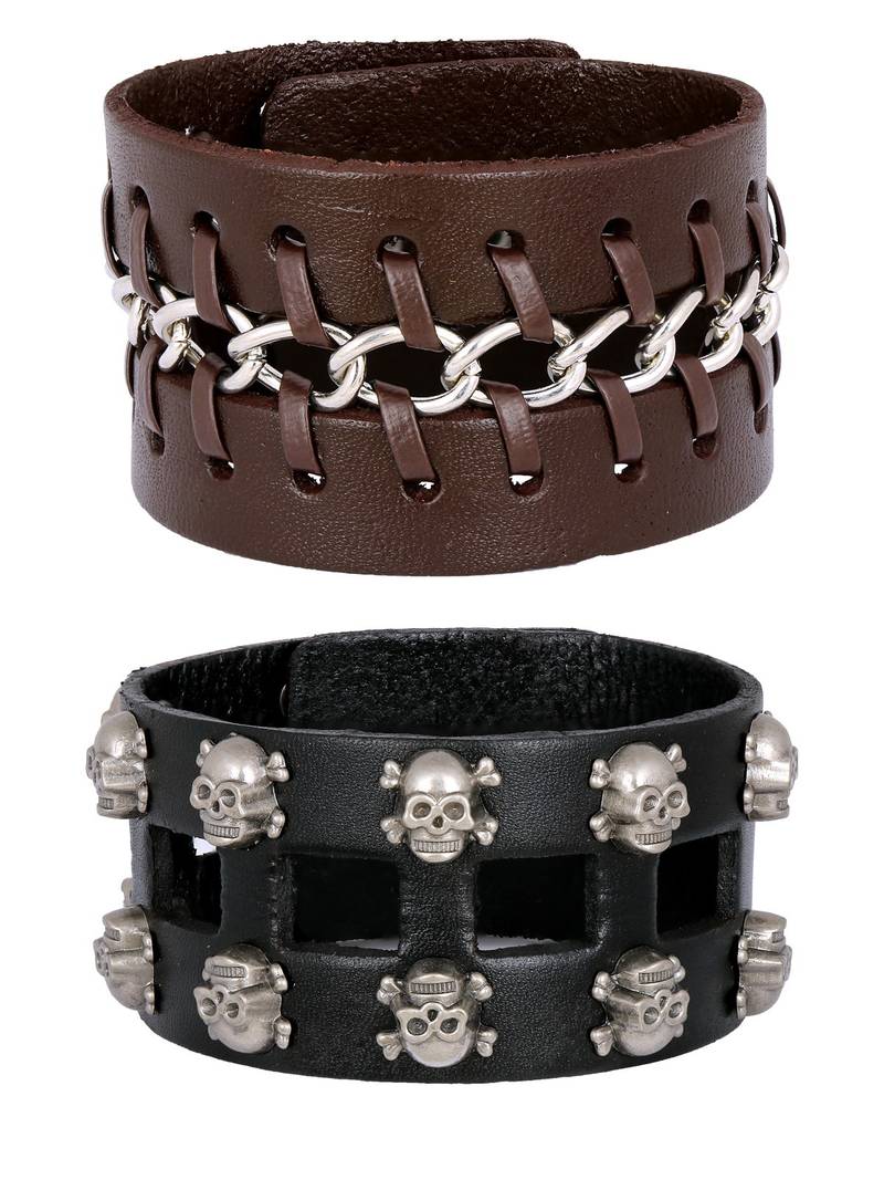 Punk Funky Skull Black Handcrafted & Black Leather Wrist Band Strap Biker Combo Pack Of 2 Bracelet Boys Men