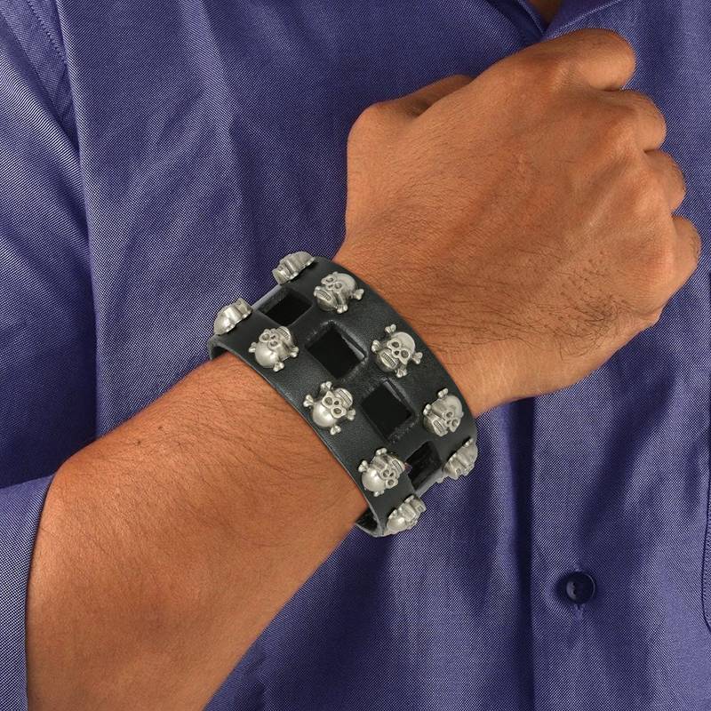 Punk Funky Skull Black Handcrafted & Black Leather Wrist Band Strap Biker Combo Pack Of 2 Bracelet Boys Men