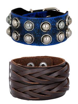 Casual Burnt Blue Black Handcrafted & Braided Dark Brown Leather Wrist Band Combo Pack Of 2 Bracelet Boys Men 1