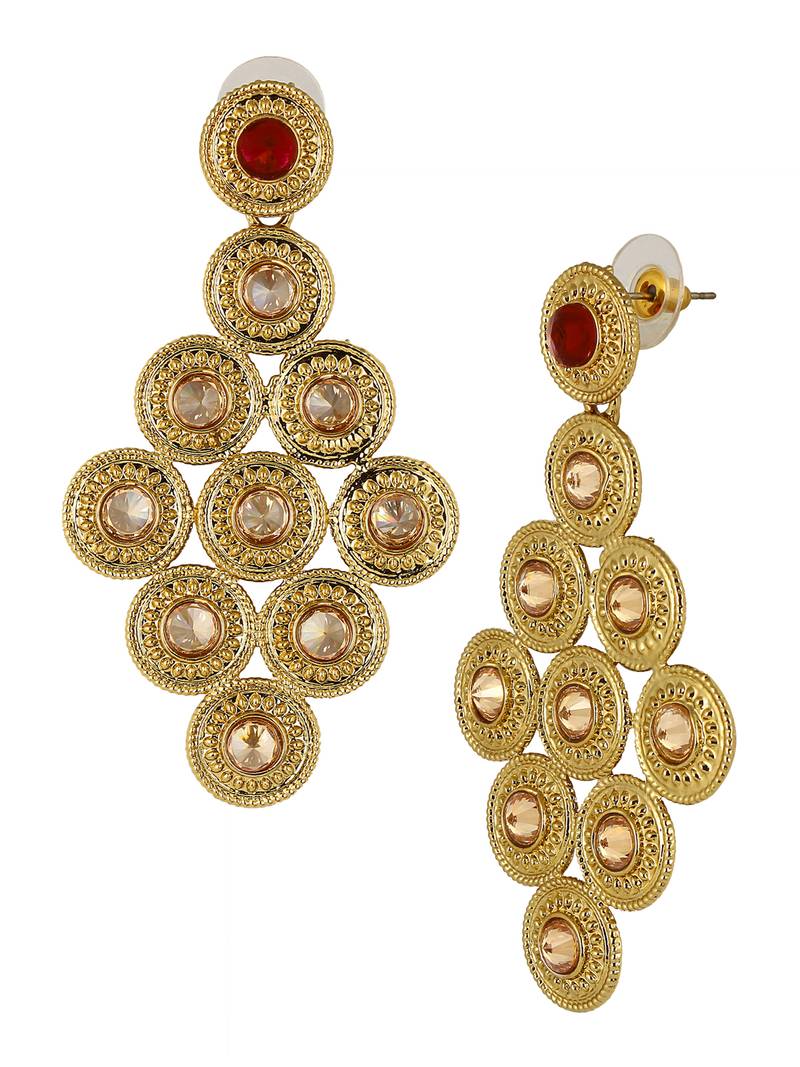 Long Champagne Maroon American Diamond CZ Kundan Antique Gold Plated Dangling Earring Girls Women
