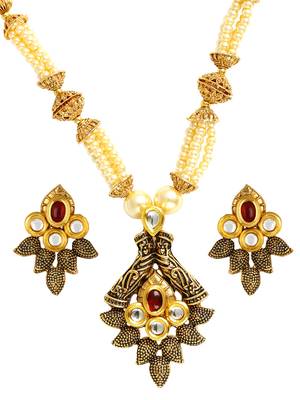 Traditional Antique Kundan Red Pearl Meenakari 22K Gold Earring Necklace Set Girls Women 1