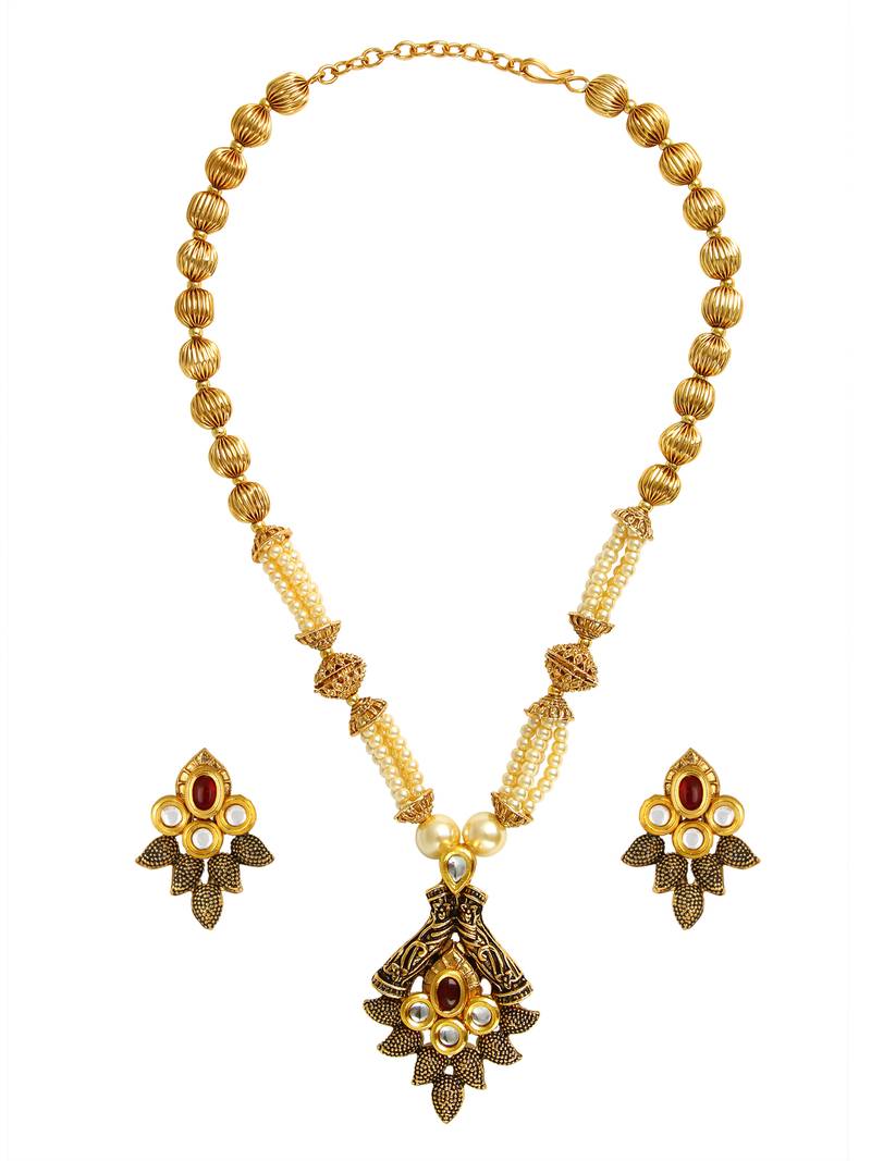 Traditional Antique Kundan Red Pearl Meenakari 22K Gold Earring Necklace Set Girls Women