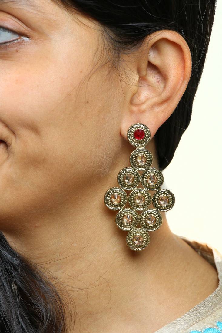 Long Champagne Maroon American Diamond CZ Kundan Antique Gold Plated Dangling Earring Girls Women