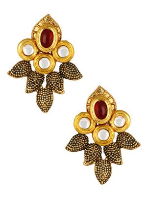 Traditional Antique Kundan Red Pearl Meenakari 22K Gold Earring Necklace Set Girls Women 3