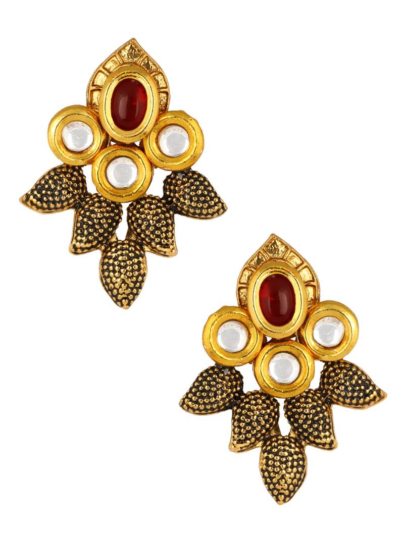 Traditional Antique Kundan Red Pearl Meenakari 22K Gold Earring Necklace Set Girls Women