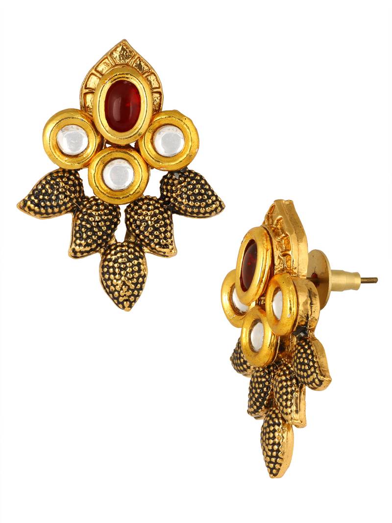 Traditional Antique Kundan Red Pearl Meenakari 22K Gold Earring Necklace Set Girls Women