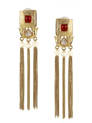 Traditional Lotus Maroon Kundan Pearl Tassel Dangling Long Earring Girls Women 1