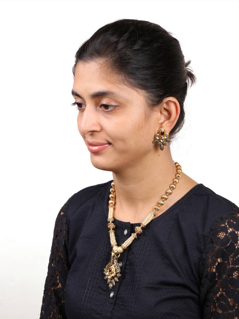 Traditional Antique Kundan Red Pearl Meenakari 22K Gold Earring Necklace Set Girls Women