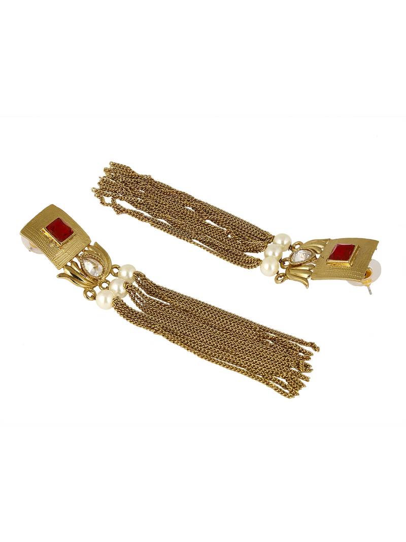 Traditional Lotus Maroon Kundan Pearl Tassel Dangling Long Earring Girls Women