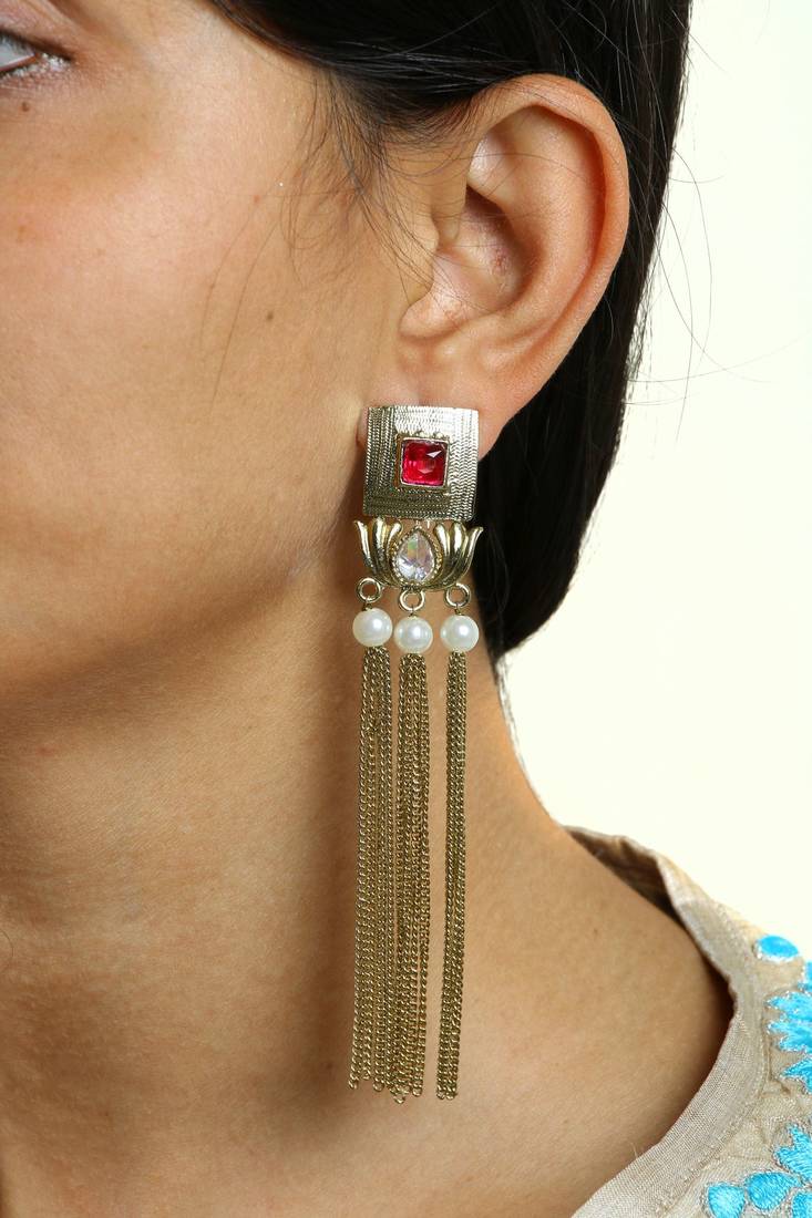Traditional Lotus Maroon Kundan Pearl Tassel Dangling Long Earring Girls Women