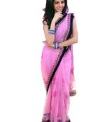 Pink embroidered net saree with blouse
