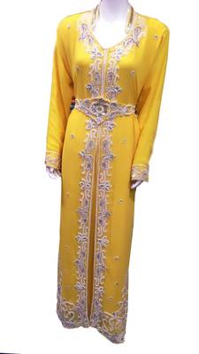 Yellow zari stone work georgette islamic style gown beads embedded partywear farasha 1