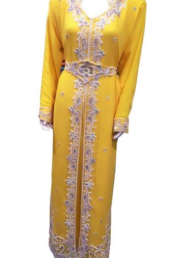Yellow zari stone work georgette islamic style gown beads embedded partywear farasha