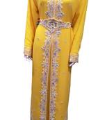Yellow zari stone work georgette islamic style gown beads embedded partywear farasha