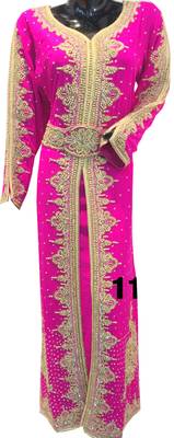 Pink zari stone work georgette islamic style gown beads embedded partywear farasha 1