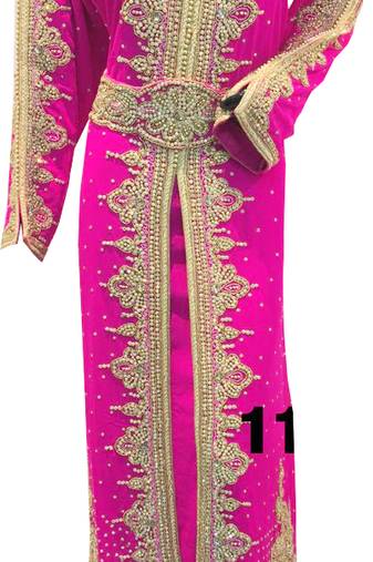 Pink zari stone work georgette islamic style gown beads embedded partywear farasha