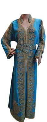 Turquoise zari stone work georgette islamic style gown beads embedded partywear farasha 1
