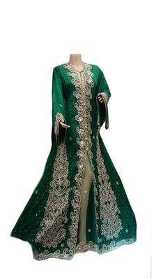 Green zari stone work georgette islamic style gown beads embedded partywear farasha 1