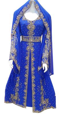 Blue zari stone work georgette islamic style gown beads embedded partywear farasha 1