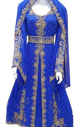 Blue zari stone work georgette islamic style gown beads embedded partywear farasha