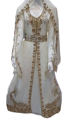 White zari stone work georgette islamic style gown beads embedded partywear farasha 1