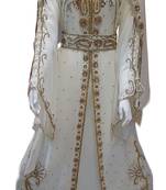 White zari stone work georgette islamic style gown beads embedded partywear farasha