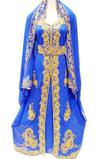 Blue zari stone work georgette islamic style gown beads embedded partywear farasha