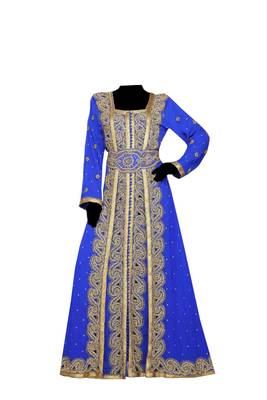 Blue zari stone work georgette islamic style gown beads embedded partywear farasha 1