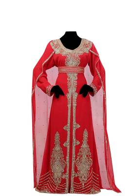 Red zari stone work georgette islamic style gown beads embedded partywear farasha 1