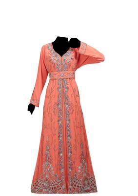 Peach zari stone work georgette islamic style gown beads embedded partywear farasha 1