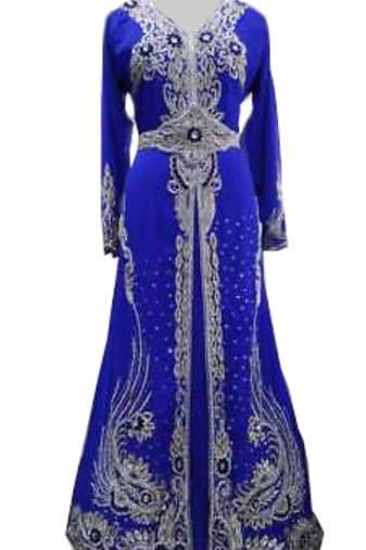 Blue zari stone work georgette islamic style gown beads embedded partywear farasha