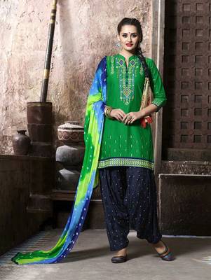 Green embroidered cotton unstitched salwar with dupatta 1