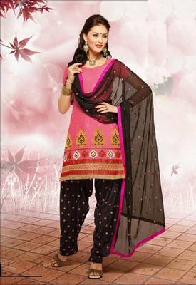 Pink embroidered cotton unstitched salwar with dupatta 1