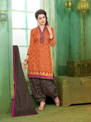 Orange embroidered chanderi unstitched salwar with dupatta 1