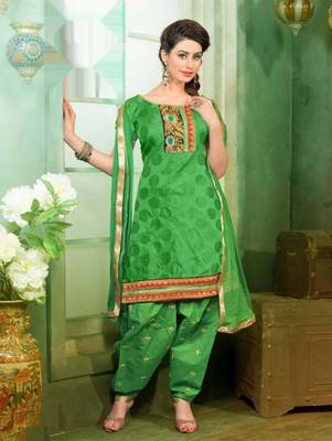 Green embroidered chanderi unstitched salwar with dupatta 1