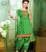 Green embroidered chanderi unstitched salwar with dupatta