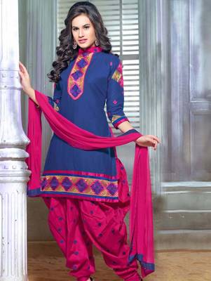 Blue embroidered chanderi unstitched salwar with dupatta 1