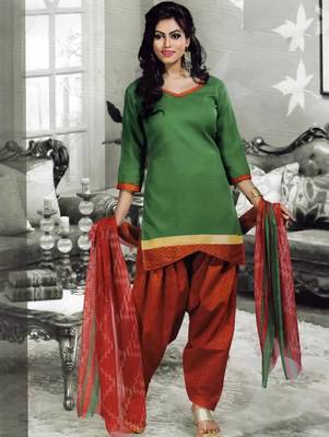 Green plain faux cotton unstitched salwar with dupatta 1