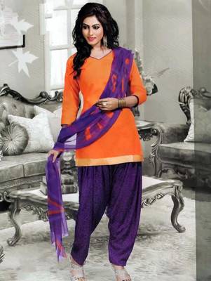 Saffron plain faux cotton unstitched salwar with dupatta 1