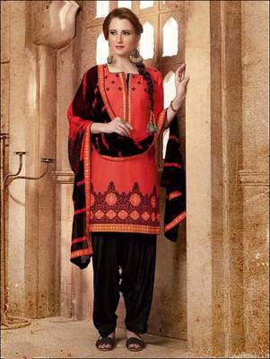 Red embroidered cotton unstitched salwar with dupatta 1