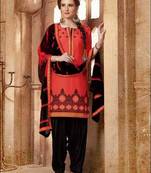 Red embroidered cotton unstitched salwar with dupatta