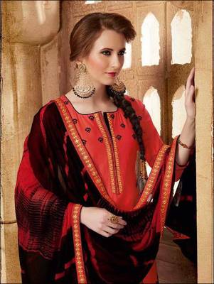 Red embroidered cotton unstitched salwar with dupatta 2