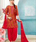 Red embroidered satin unstitched salwar with dupatta