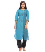 Blue embroidered cotton ethnic-kurtis