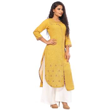 Yellow printed cotton ethnic-kurtis 3