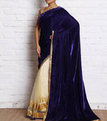 Blue plain velvet saree with blouse